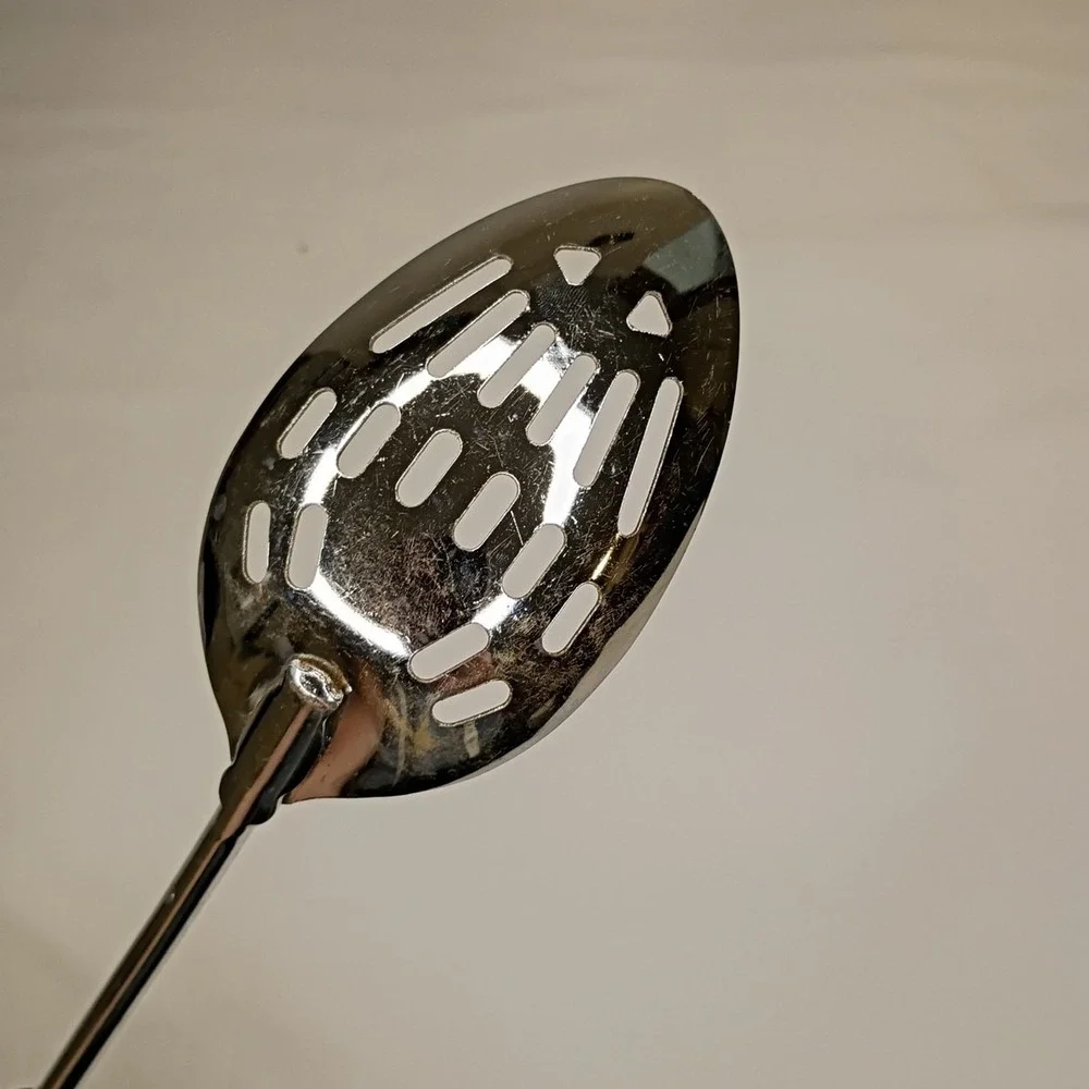 Vintage Ekco Slotted Serving Spoon Chromium Plated Black Plastic Handle‎ USA 12